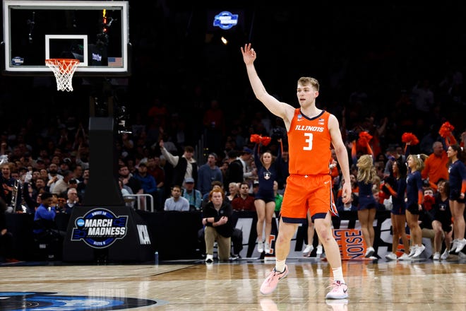 Mar 28, 2024; Boston, MA, USA; Illinois Fighting Illini forward Marcus Domask (3) reacts after a basket against the Iowa State Cyclones in the semifinals of the East Regional of the 2024 NCAA Tournament at TD Garden. Mandatory Credit: Winslow Townson-USA TODAY Sports