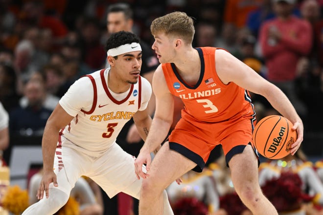 Mar 28, 2024; Boston, MA, USA; Illinois Fighting Illini forward Marcus Domask (3) dribbles the ball against Iowa State Cyclones guard Tamin Lipsey (3) in the semifinals of the East Regional of the 2024 NCAA Tournament at TD Garden. Mandatory Credit: Brian Fluharty-USA TODAY Sports