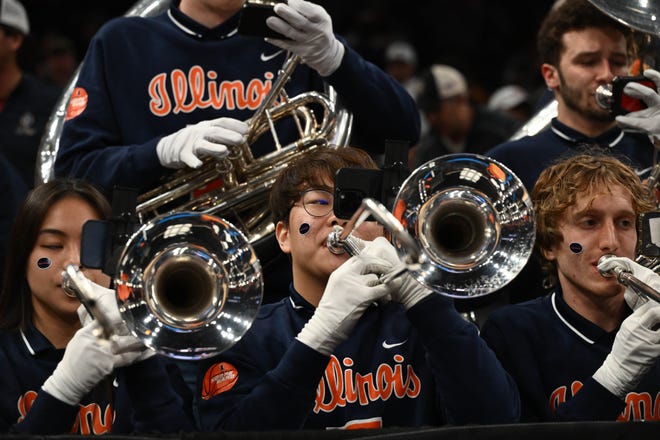 Mar 28, 2024; Boston, MA, USA;The Illinois Fighting Illini band plays before the game against the Iowa State Cyclones in the semifinals of the East Regional of the 2024 NCAA Tournament at TD Garden. Mandatory Credit: Brian Fluharty-USA TODAY Sports