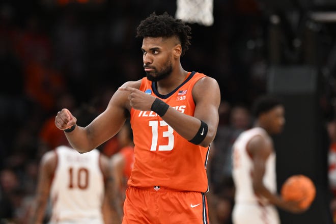 Mar 28, 2024; Boston, MA, USA; Illinois Fighting Illini forward Quincy Guerrier (13) reacts against the Iowa State Cyclones in the semifinals of the East Regional of the 2024 NCAA Tournament at TD Garden. Mandatory Credit: Brian Fluharty-USA TODAY Sports