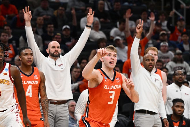 Mar 28, 2024; Boston, MA, USA; Illinois Fighting Illini forward Marcus Domask (3) reacts against the Iowa State Cyclones in the semifinals of the East Regional of the 2024 NCAA Tournament at TD Garden. Mandatory Credit: Brian Fluharty-USA TODAY Sports