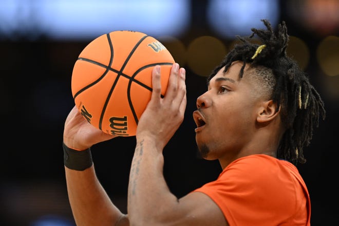 Mar 28, 2024; Boston, MA, USA; Illinois Fighting Illini guard Terrence Shannon Jr. (0) shoots the ball against the Iowa State Cyclones in the semifinals of the East Regional of the 2024 NCAA Tournament at TD Garden. Mandatory Credit: Brian Fluharty-USA TODAY Sports