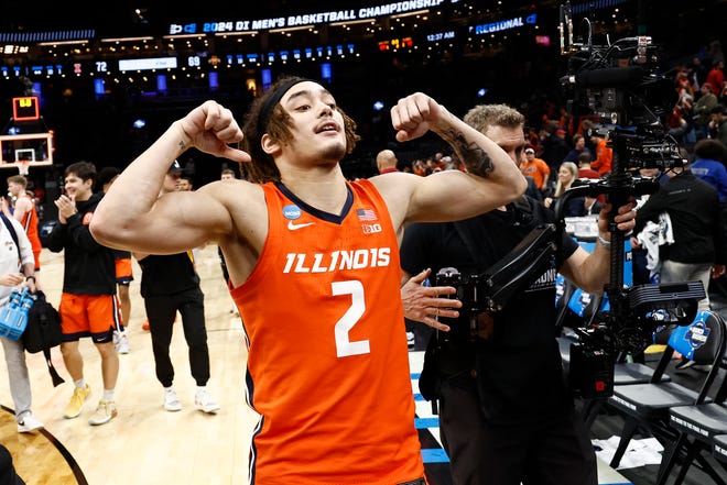 Mar 28, 2024; Boston, MA, USA; Illinois Fighting Illini guard Dra Gibbs-Lawhorn (2) reacts after defeating Iowa State Cyclones in the semifinals of the East Regional of the 2024 NCAA Tournament at TD Garden. Mandatory Credit: Winslow Townson-USA TODAY Sports