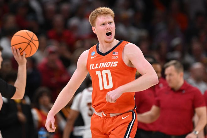Mar 28, 2024; Boston, MA, USA; Illinois Fighting Illini guard Luke Goode (10) reacts against the Iowa State Cyclones in the semifinals of the East Regional of the 2024 NCAA Tournament at TD Garden. Mandatory Credit: Brian Fluharty-USA TODAY Sports