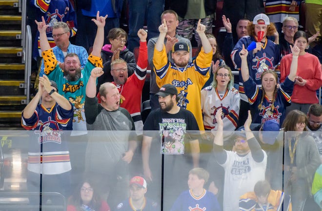 Fans cheer on the Peoria Rivermen after their win over the Huntsville Havoc in Game 2 of the SPHL President's Cup finals Saturday, April 27, 2024 at the Peoria Civic Center. The Rivermen forced a Game 3 with a 6-4 victory.