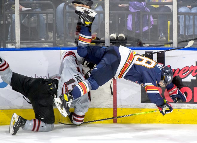 Peoria's Braydon Barker goes airborne over Hunstville's David Thomson in the second period of Game 2 of the SPHL President's Cup finals Saturday, April 27, 2024 at the Peoria Civic Center. The Rivermen forced a Game 3 with a 6-4 victory.