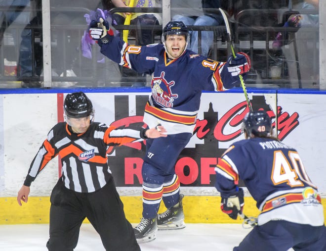Peoria's Mathew Rehding (10) celebrates his goal against Huntsville, the first of the game, in the first peoriod of Game 2 of the SPHL President's Cup finals Saturday, April 27, 2024 at the Peoria Civic Center. The Rivermen forced a Game 3 with a 6-4 victory.