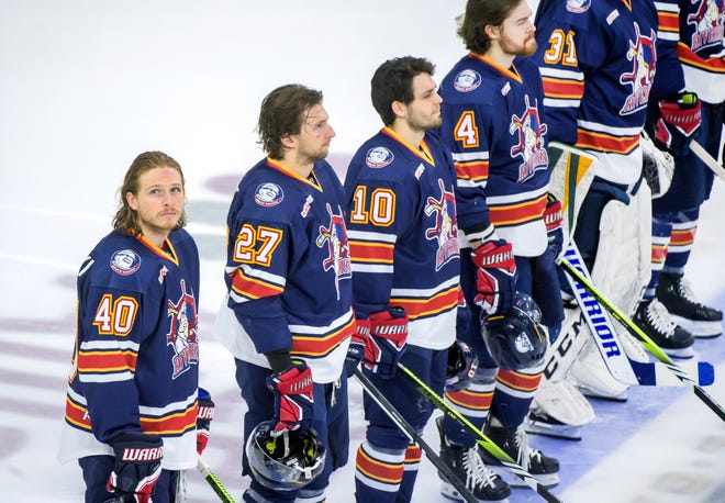 Peoria's JM Piotrowski (40) looks up at the crowd as the Rivermen line up for the national anthem before the start of Game 2 of the SPHL President's Cup finals Saturday, April 27, 2024 at the Peoria Civic Center. The Rivermen forced a Game 3 with a 6-4 victory over the Huntsville Havoc.