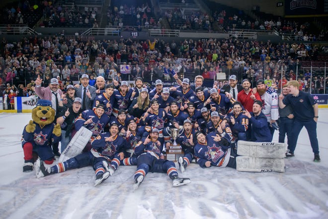 The Peoria Rivermen celebrate their 5-1 victory over the Huntsville Havoc in the deciding game of the SPHL President's Cup finals Sunday, April 28, 2024 at the Peoria Civic Center.