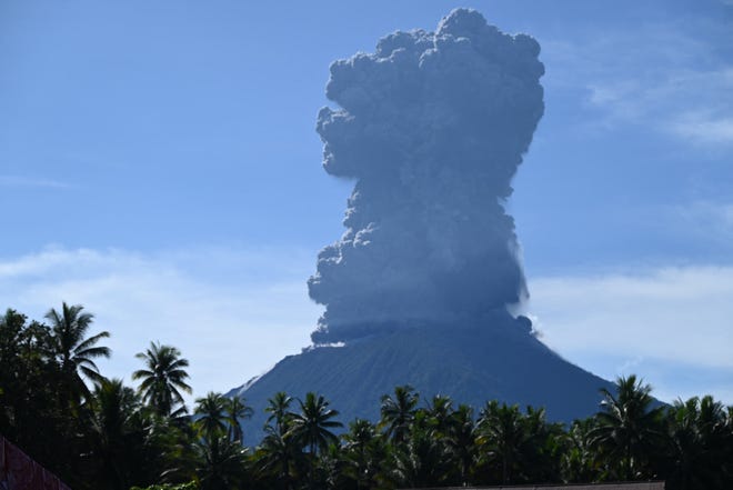 May 13, 2024: A handout photo taken and released by the Center for Volcanology and Geological Hazard Mitigation (PVMBG) shows Mount Ibu spewing thick smoke in Indonesia's North Maluku Province.